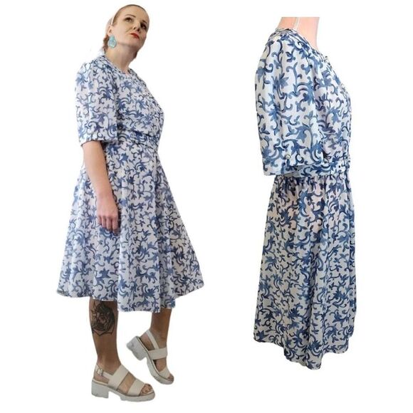 VTG 80s White Blue Floral Belted Midi Dress Size 20P *fits like XL Petite - Picture 8 of 16